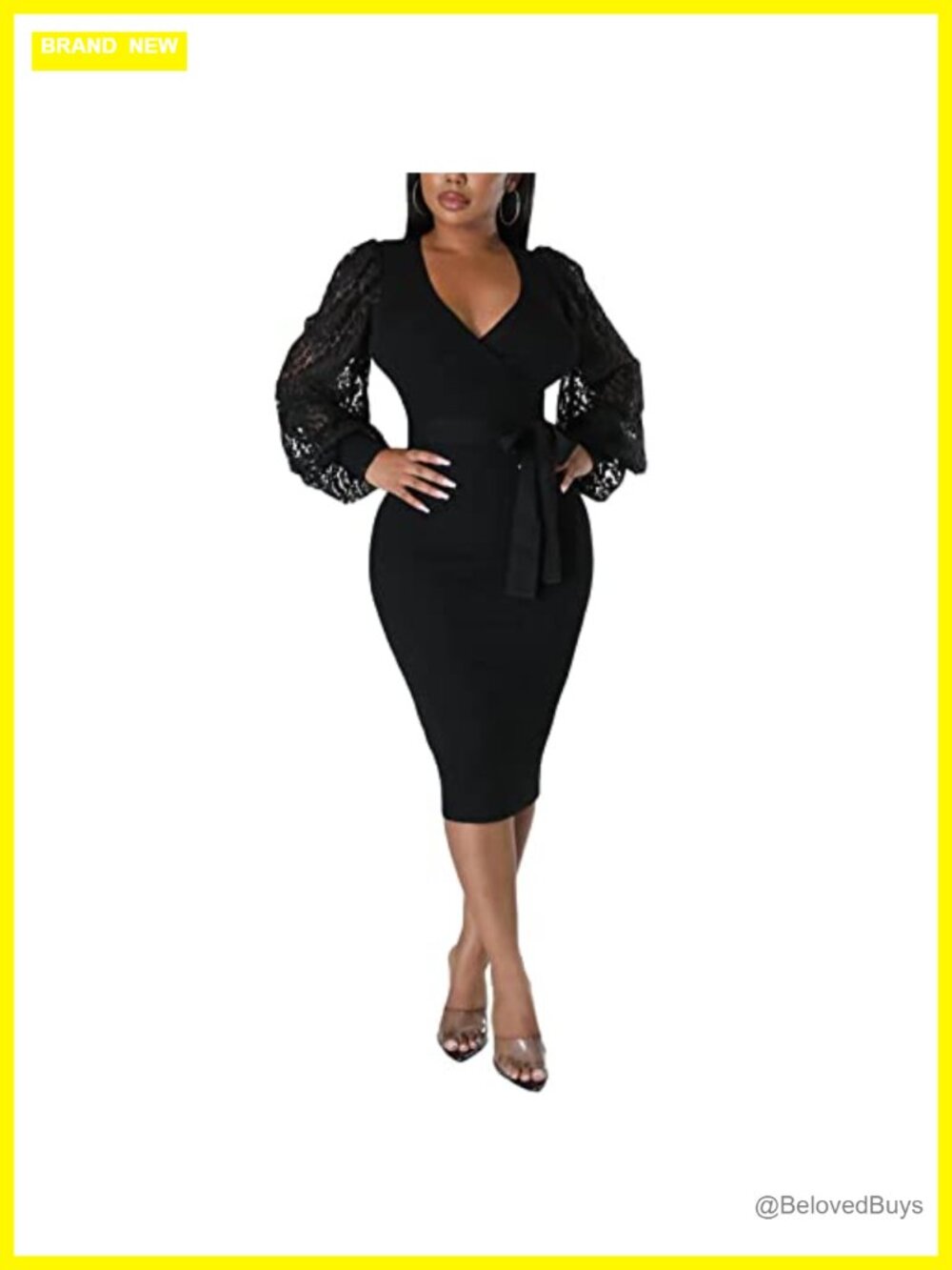 Bishop Sleeve V-Neck Bodycon Midi Church Dress